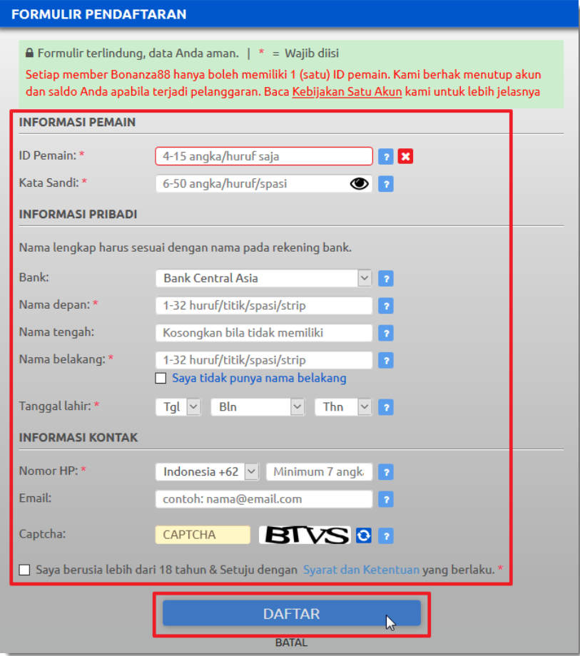 formulir daftar bonanza88