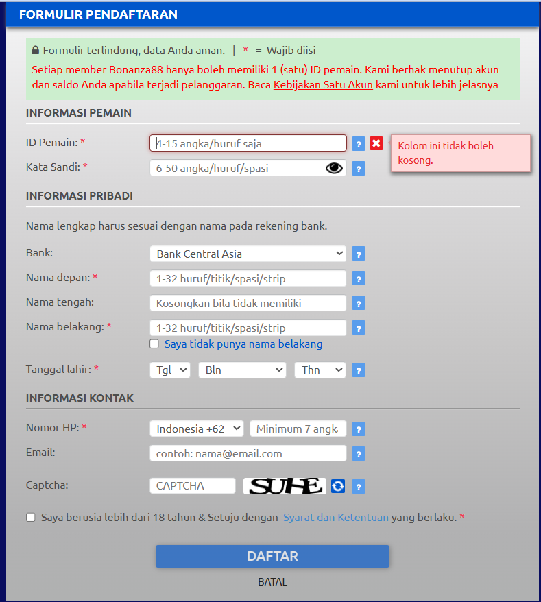 Form daftar akun Bonanza88