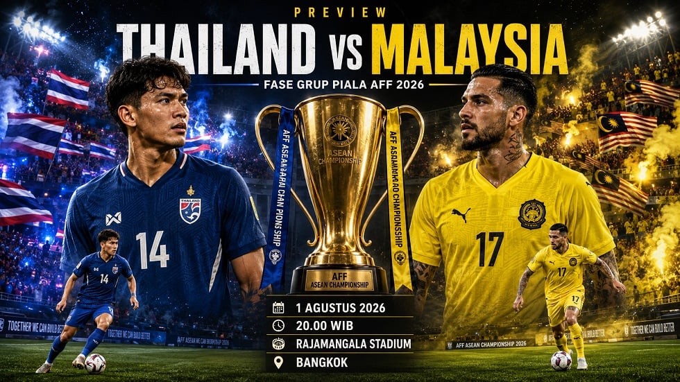 Preview Thailand vs Malaysia pada pertandingan fase grup Piala AFF 2026.