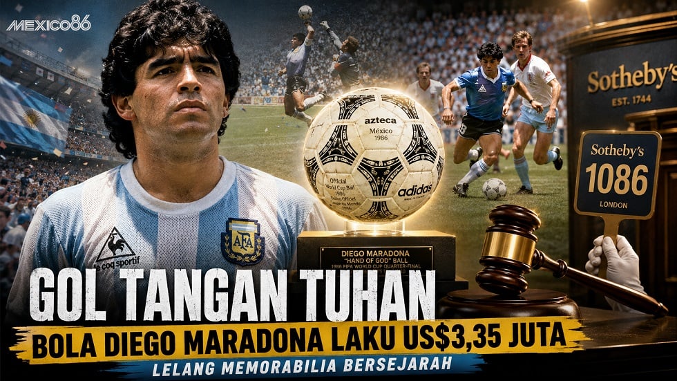 Bola Gol Tangan Tuhan Diego Maradona di Piala Dunia 1986 terjual US$3,35 juta.