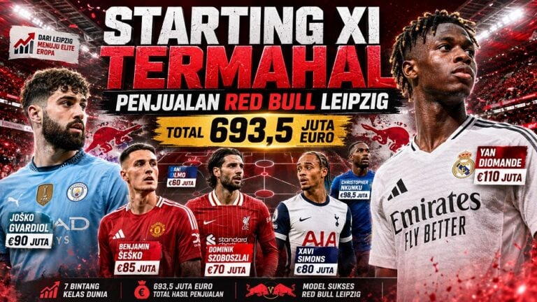 Starting XI penjualan termahal Red Bull Leipzig bernilai 693,5 juta euro atau sekitar Rp14,25 triliun.